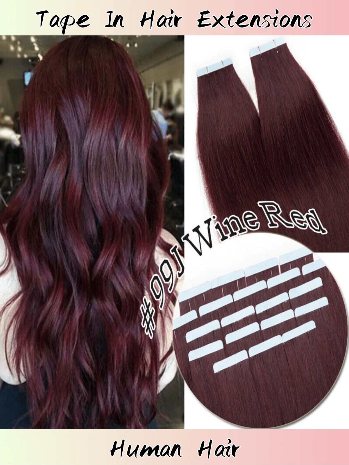 16-26inch #99 Burgundy Red Hair Remy Human Hair Extension Straight Thick Tape In Black Hair Extensions Seamless Skin Weft Tape Hair Extensions For Women (20pcs/Package 50g) - S99JA - 查看 1