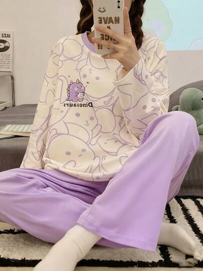 AICJ 两件套女士休闲恐龙印花长袖上衣和裤子睡衣套装，适合春、夏、秋季穿着。