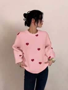 Autumn And Winter Women's Valentine's Day Cute Casual Heart-Patterned Loose-Fit Fashionable Sweater With Round Neck And Long Sleeves, Basic Sweater, Business Casual Women's Clothing, Autumn Top, Autumn Sweater, Women's Winter Clothing, Women's Autumn And Winter Clothing, Autumn Clothing - Baby Pink - View 2