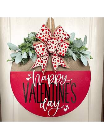 Classic Valentine's Day Wooden Wreath - 1pc Artificial Wood Door Hanging Decor With Greenery Accents And Red Heart Bow - Festive Wall Ornament For Home Decoration - No Feather, No Power Needed