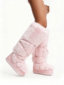 Women's Faux Fur Knee High Boots  Fuzzy Fluffy Furry Snow Boots Round Toe With Lace-Up Design Cute Warm Suitable For Christmas Halloween And Winter - Pink 1 - View 6