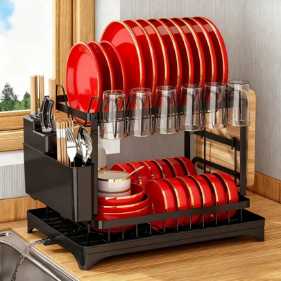 1pc 2-Tier Dish Drying Rack With Drip Tray, Large Capacity Space-Saving Kitchen Utensil Storage Box, Suitable For Kitchen Countertop, Kitchen Organization And Storage, Kitchen Accessories