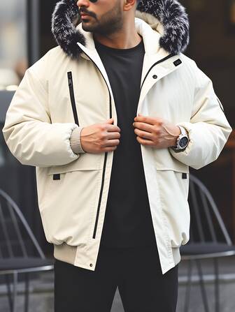 男士休闲纯色抓绒连帽羽绒服，冬季