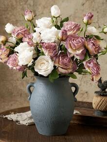 French-Style Artificial Rose, Home Decor Accessories, Single Stem With Three Heads And Burnt Edges, Vintage Style, Featuring A Sophisticated Look With Artificial Flowers And Dried Flowers, Ideal For Home, Wedding, And Event Decorations, Decorations For Valentine's Day