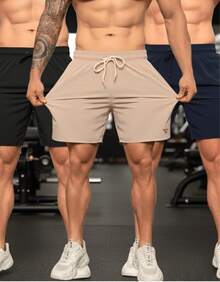 Kit Of 3 Men's Elastane Running/Beach Shorts With Lycra, Gym, Crossfit, Plain, Basic - 黑色/海軍藍/米色 - 查看 9