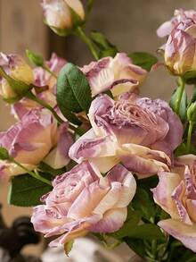 French-Style Artificial Rose, Home Decor Accessories, Single Stem With Three Heads And Burnt Edges, Vintage Style, Featuring A Sophisticated Look With Artificial Flowers And Dried Flowers, Ideal For Home, Wedding, And Event Decorations, Decorations For Valentine's Day