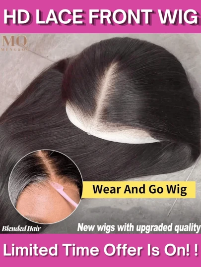 180 密度无胶蕾丝前假发人发混合直发 13*4 13*6 5*5 前蕾丝假发黑色带鲍勃头围绕婴儿头发，无需胶水无需技巧自然发际线预熨、预剪、预拉，透明蕾丝适合所有人，不易打结日常聚会 8-34 英寸