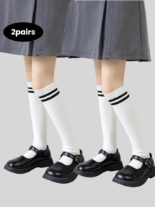 2 perechi de șosete pentru copii cu model cu dungi, design cu tub lung fără cusături, potrivite pentru băieți și fete de 3-12 ani, excelente pentru purtare zilnică și școlară - Negru - Vizualizare 13