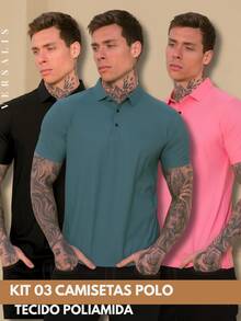 Kit 03 Premium Polyamide Polo Shirt Men's Shirt With Collar And Button Breathable Fabric - 黑色/綠色/粉紅色 - 查看 1