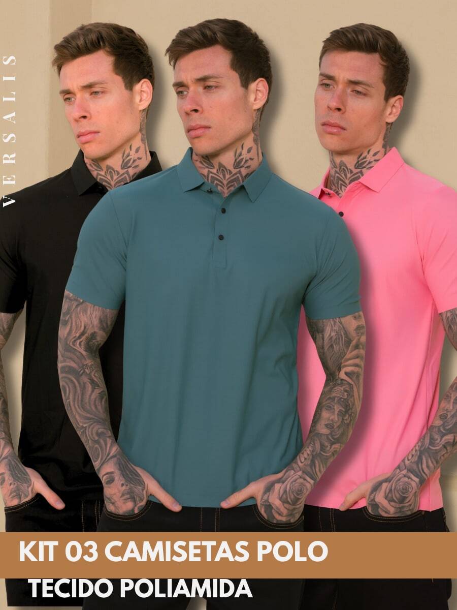 Kit 03 Premium Polyamide Polo Shirt Men's Shirt With Collar And Button Breathable Fabric - 黑色/綠色/粉紅色 - 查看 1