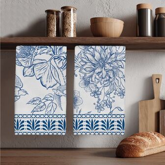 2条简约蓝色花鸟图案厨房毛巾，柔软涤纶材质，适用于厨房装饰、清洁、节日派对装饰、厨房和浴室用品、家居装饰、乔迁礼物