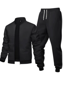 2pcs Men Spring Autumn Sports Casual Outfit - Jacket And Pants Set, Solid Color, Classic All-Match Style For Daily Wear, Outdoor, Jogging - Black - View 1
