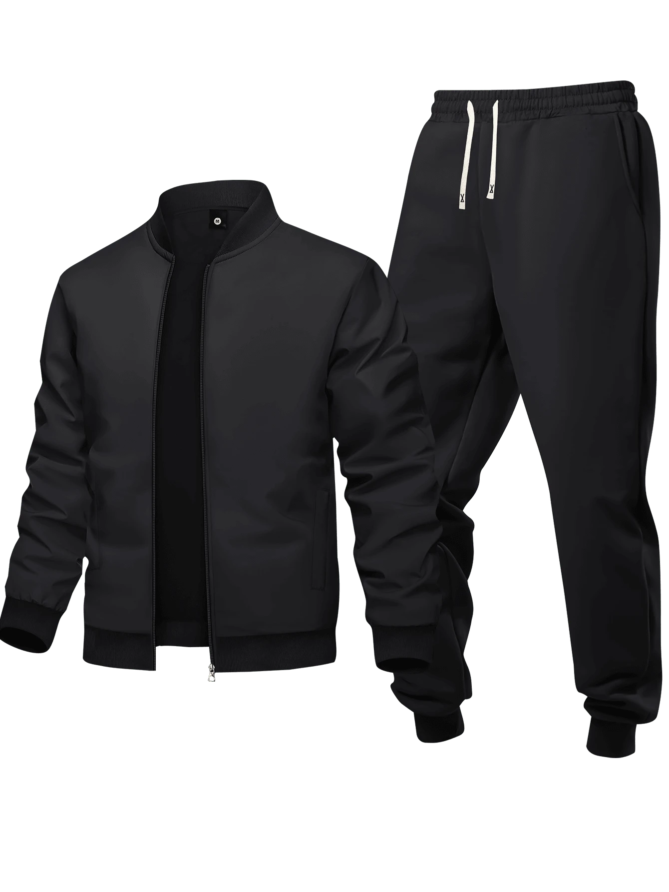 2pcs Men Spring Autumn Sports Casual Outfit - Jacket And Pants Set, Solid Color, Classic All-Match Style For Daily Wear, Outdoor, Jogging - Black - View 1
