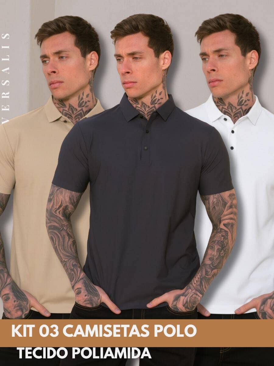 Kit Of 3 Premium Polyamide Polo Shirts For Men With Collar And Buttons, Breathable Fabric - Beige/Lead/White - View 1
