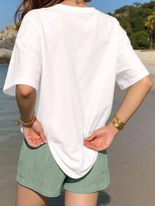 2 piezas Conjunto de top oversize de manga corta con estampado de vida marina y shorts a rayas para mujer - Traje de verano de dos piezas para mujer para vacaciones en la playa - Blanco y Verde - Ver 2