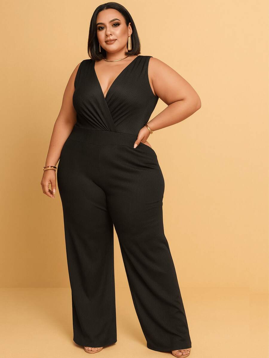 Women's Plus Size Tank Top Jumpsuit, Ribbed And Elastane Fabric, V-Neck, Plain, Wide-Leg Pants, Casual, Chic, Modern Fashion - 黑炭 - 查看 1