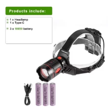 800W 大功率 LED 头灯 USB 充电 钓鱼露营探照灯 铝合金变焦 LED 手电筒 户外工作头灯 - 黑色 - 查看 12