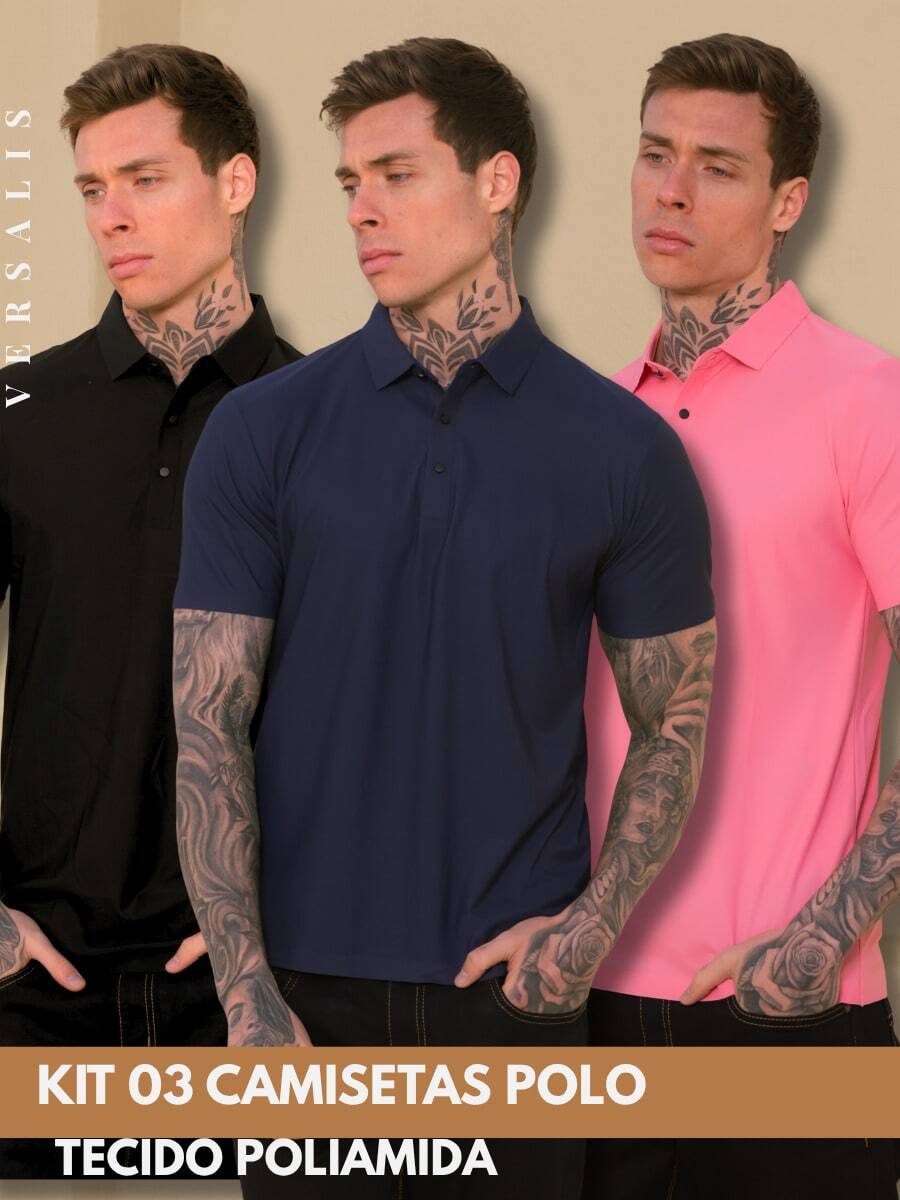 Kit 03 Premium Polyamide Polo Shirt Men's Shirt With Collar And Button Breathable Fabric - 黑色/海軍藍/粉紅色 - 查看 1
