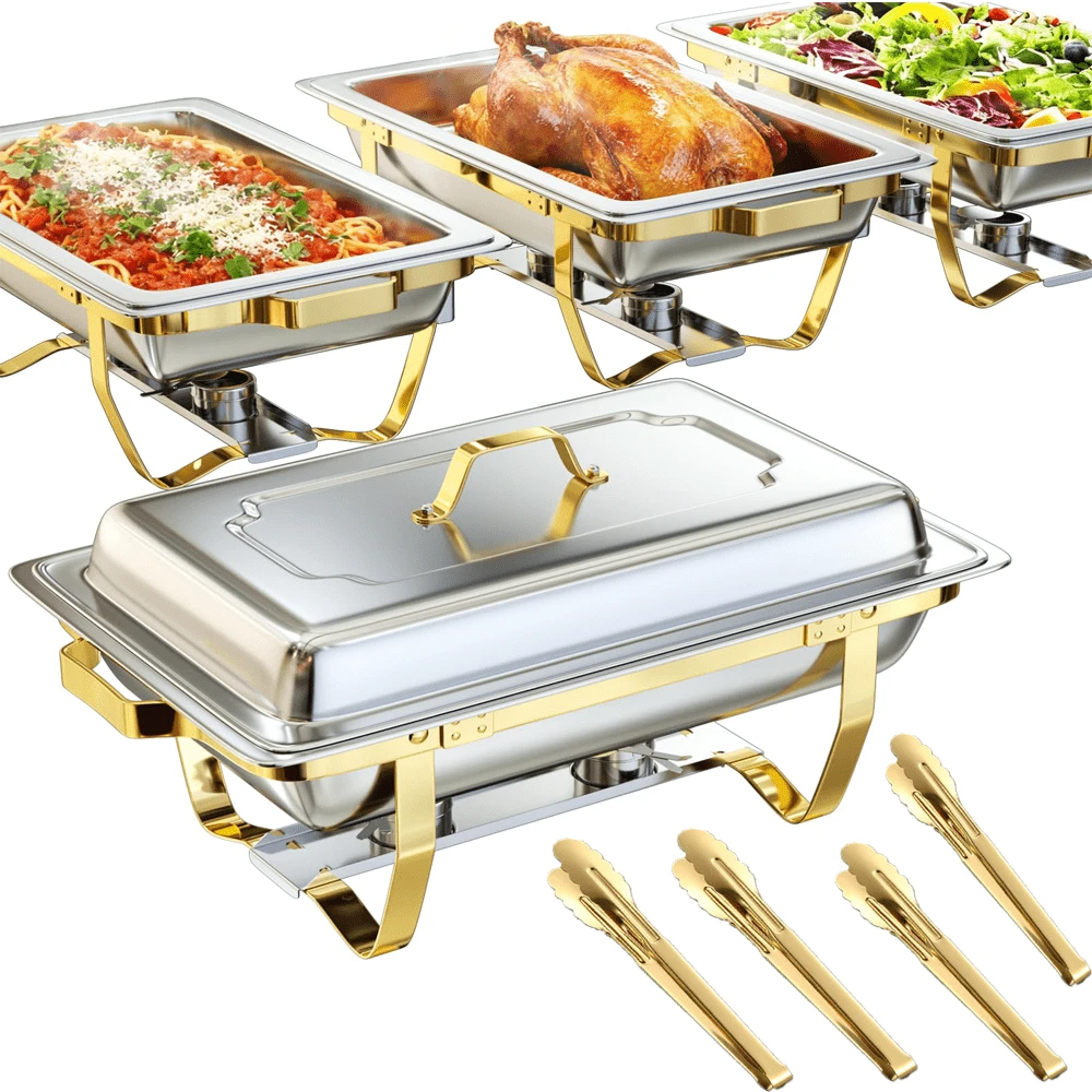 Chafing Dish Buffet Set 2/4 Pack 8QT 316 Stainless Steel Food Warmer Chafer Complete Set For Home Party, Buffets, Wedding,Rectangular Semi-Gold-Plated Stainless Steel Chafing Dish Set, Buffet Warmer For Hotel Catering, Parties, Weddings, Gold - Kẹp hoa mai vàng - Gói 4 - Xem 1