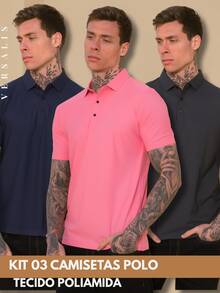Kit 03 Premium Polyamide Polo Shirt Men's Shirt With Collar And Button Breathable Fabric - 海軍藍/粉紅色/鉛色 - 查看 1