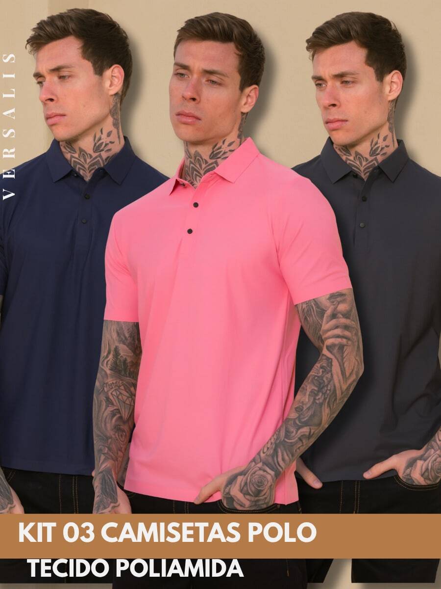 Kit 03 Premium Polyamide Polo Shirt Men's Shirt With Collar And Button Breathable Fabric - 海軍藍/粉紅色/鉛色 - 查看 1
