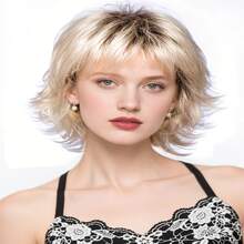 BCHR Basics Curly Wave Peruca Loira Curta Para Mulheres, Fibra De Alta Temperatura, Boné De Rede Rosa, Aparência Natural, 8 Polegadas, 160g, Adequado Para Festas E Uso Diário