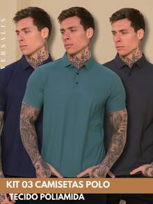 Kit 03 Premium Polyamide Polo Shirt Men's Shirt With Collar And Button Breathable Fabric - 海軍藍/綠色/鉛色 - 查看 1