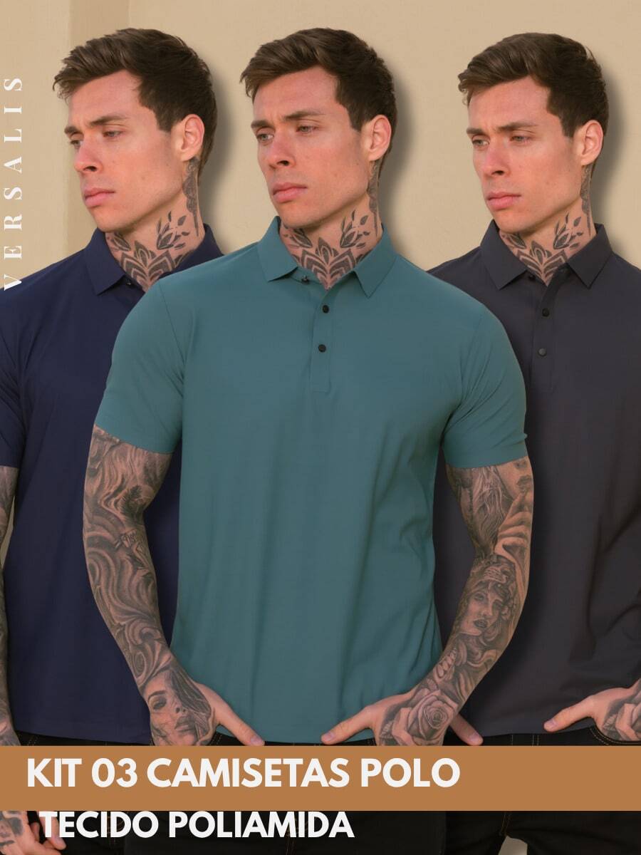 Kit 03 Premium Polyamide Polo Shirt Men's Shirt With Collar And Button Breathable Fabric - 海軍藍/綠色/鉛色 - 查看 1