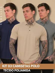 Kit Of 3 Premium Polyamide Polo Shirts For Men With Collar And Buttons, Breathable Fabric - Navy/Beige/Gray - View 1