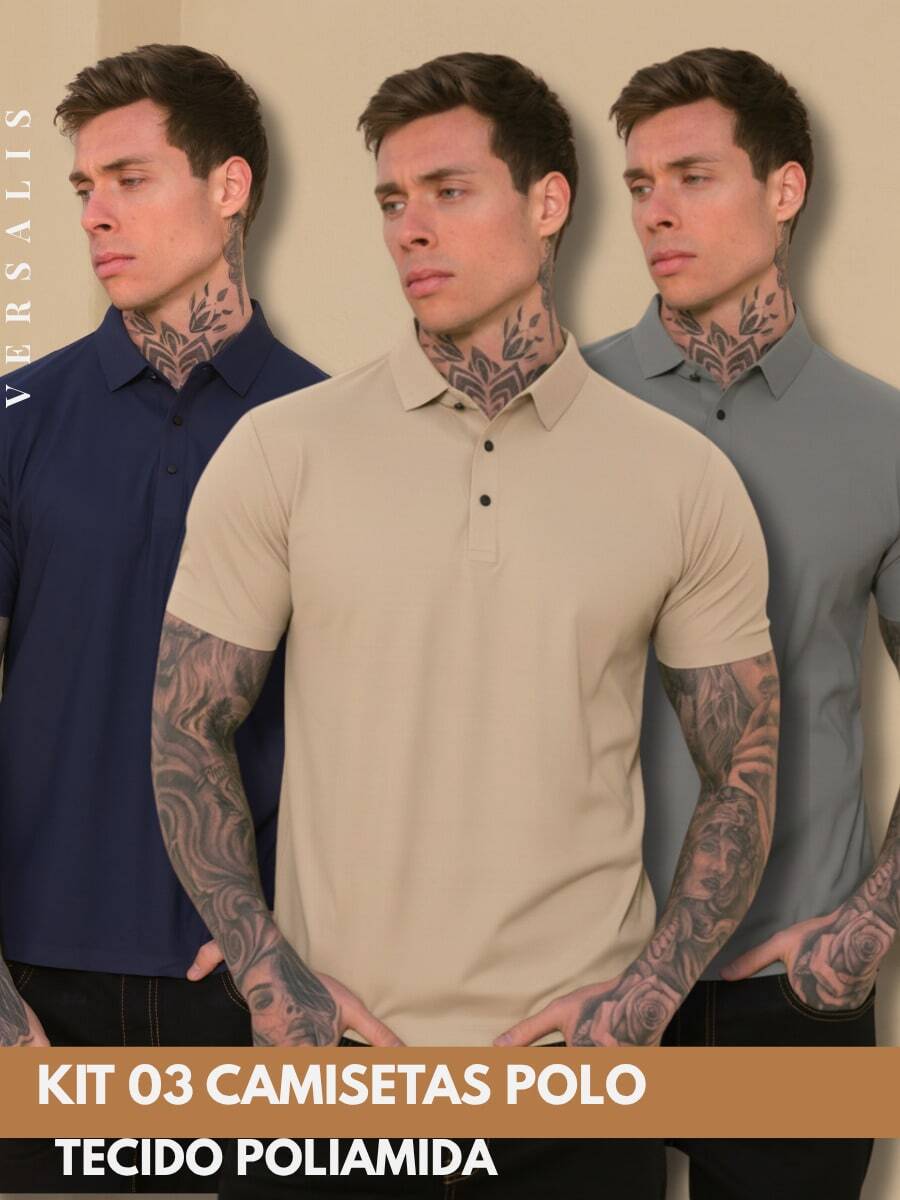 Kit Of 3 Premium Polyamide Polo Shirts For Men With Collar And Buttons, Breathable Fabric - Navy/Beige/Gray - View 1