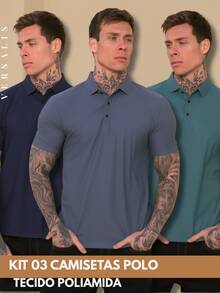 Kit 03 Premium Polyamide Polo Shirt Men's Shirt With Collar And Button Breathable Fabric - 海軍藍/鋼藍色/綠色 - 查看 1