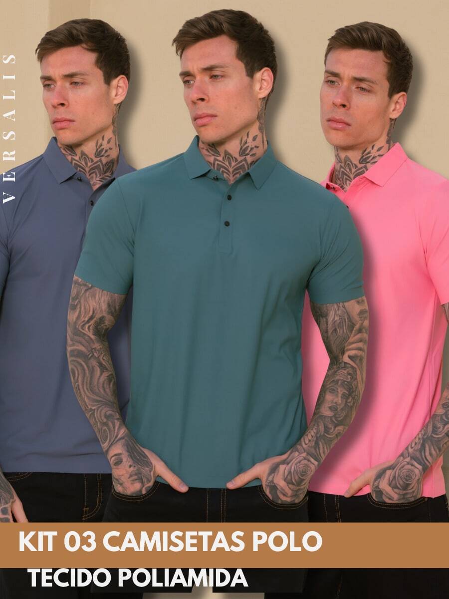 Kit 03 Premium Polyamide Polo Shirt Men's Shirt With Collar And Button Breathable Fabric - 鋼藍色/綠色/粉紅色 - 查看 1