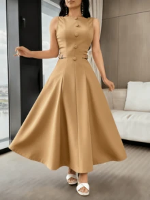 Elegant Sleeveless Long Dress With Defined Waist And V-Neck For Women - Màu Khaki - Xem 2