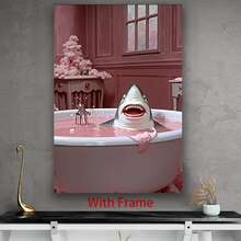 Framed 2D Flat, 1pc Framed Canvas Wall Art - Whimsical Shark In Pink Bathtub Scene, Modern Classic Style, Ready-To-Hang Indoor Decor For Living Room, Bedroom, Office, Unique Birthday & Holiday Gift, Bedroom Artwork, Playful Design, Vibrant Colors, Readytohang Artwork, Home Decoration, Durable Frame, Decorative , Party Planners, 2D Flat - Đóng khung - Xem 6