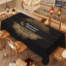 1件黑色金曼陀罗图案桌布，适用于长方形桌子，涤纶材质，适用于厨房、餐厅装饰，也适用于假日露营、野餐、伊斯兰节日装饰，可机洗。 - 彩色 - 查看 1