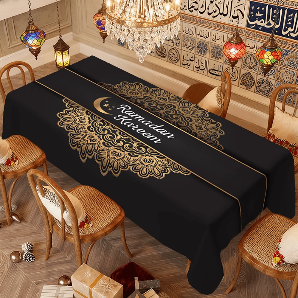 1件黑色金曼陀罗图案桌布，适用于长方形桌子，涤纶材质，适用于厨房、餐厅装饰，也适用于假日露营、野餐、伊斯兰节日装饰，可机洗。 - 彩色 - 查看 1
