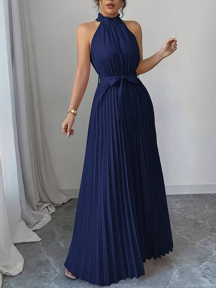This Is A Stylish Off-The-Shoulder, Halter-Neck Dress For Women With A Summer Design Sense. It Features A Cinched Waist, LACES, Pleats, And A Loose, Wide-Swinging Skirt - Blue - View 4