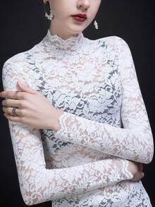 2025 Autumn Lace Stand Collar Undershirt For Women, Fitted Mesh Slim Fit Top - White - View 4