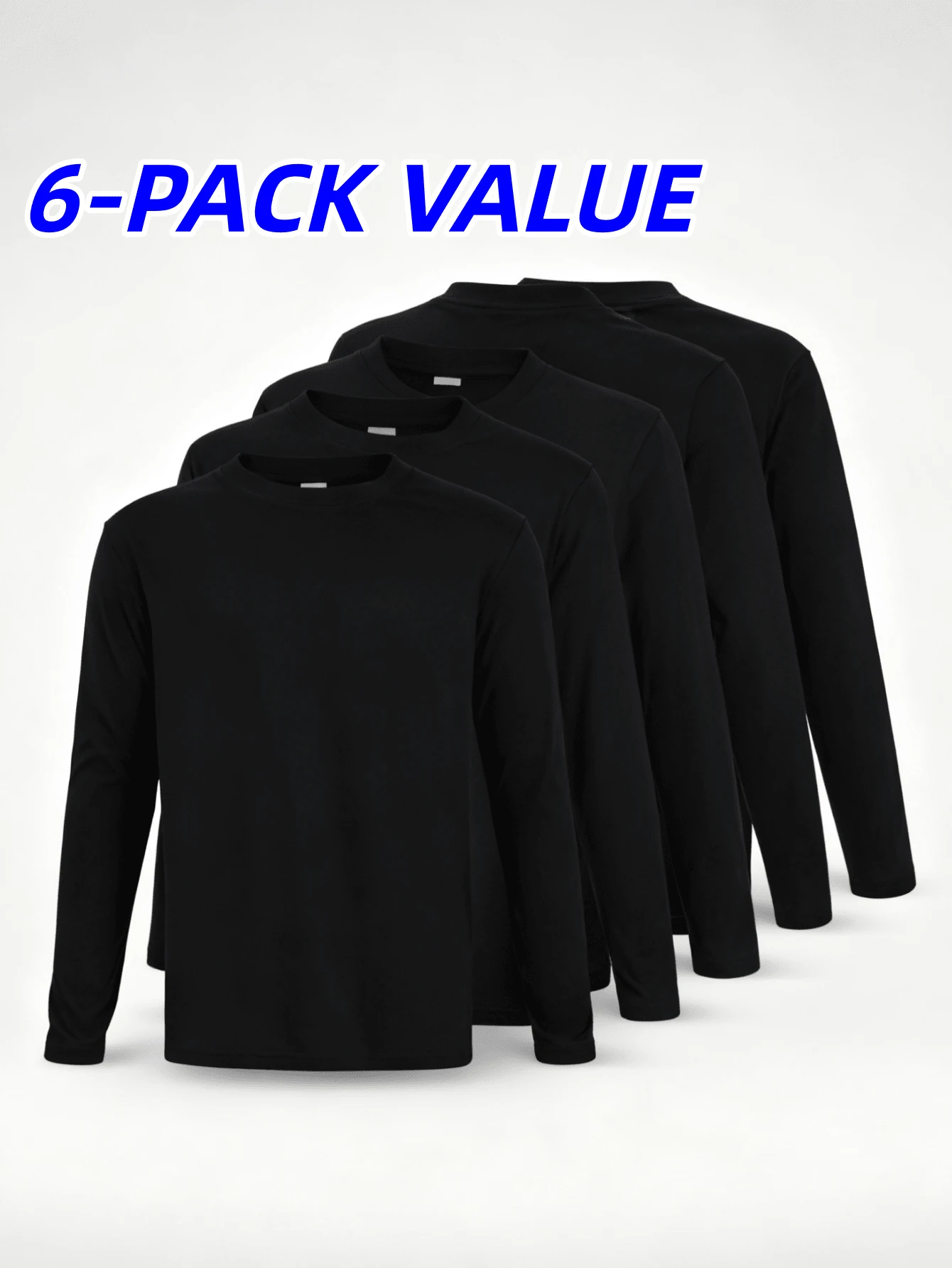 6-Pack,S-5XL Black Cotton Long-Sleeve Tees - Essential Crew Neck Shirts For Everyday Wardrobe Staple - 黑色 - 查看 1