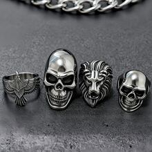 1pc Stainless Steel Skull, Eagle, Lion Head Punk Gothic Style Waterproof Fade-Resistant Ring, Suitable For Daily Wear, Music Festival, Theme Party - Silver - View 1