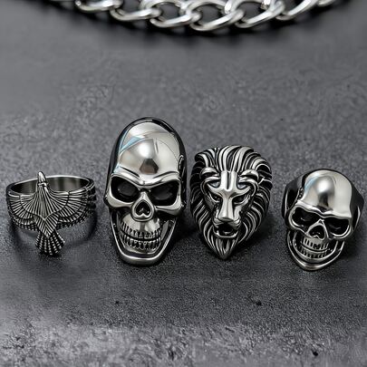 1 قطعة خاتم من الفولاذ المقاوم للصدأ بتصميم رأس الجمجمة والنسر والأسد بطراز بانك جوثيك مقاوم للماء ومقاوم للبهتان، مناسب للارتداء اليومي وحفلات الموسيقى والحفلات الموضوعية