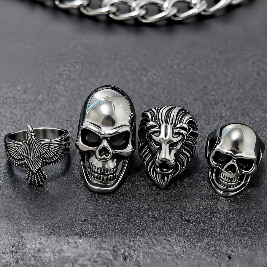 1pc Stainless Steel Skull, Eagle, Lion Head Punk Gothic Style Waterproof Fade-Resistant Ring, Suitable For Daily Wear, Music Festival, Theme Party - Silver - View 1