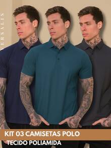 Kit Of 3 Premium Polyamide Polo Shirts For Men With Collar And Buttons, Breathable Fabric - Navy Blue/Petroleum Blue/Lead - View 1