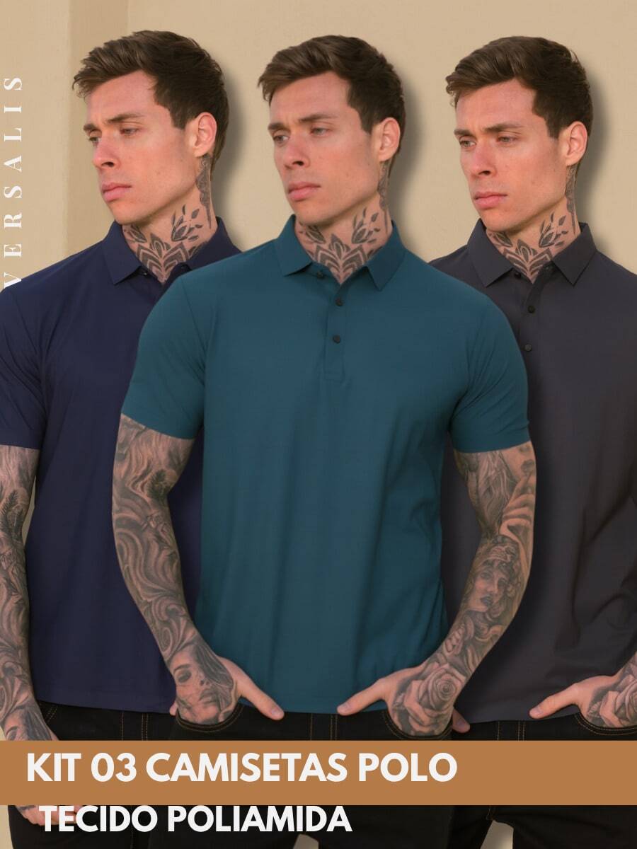 Kit Of 3 Premium Polyamide Polo Shirts For Men With Collar And Buttons, Breathable Fabric - Navy Blue/Petroleum Blue/Lead - View 1
