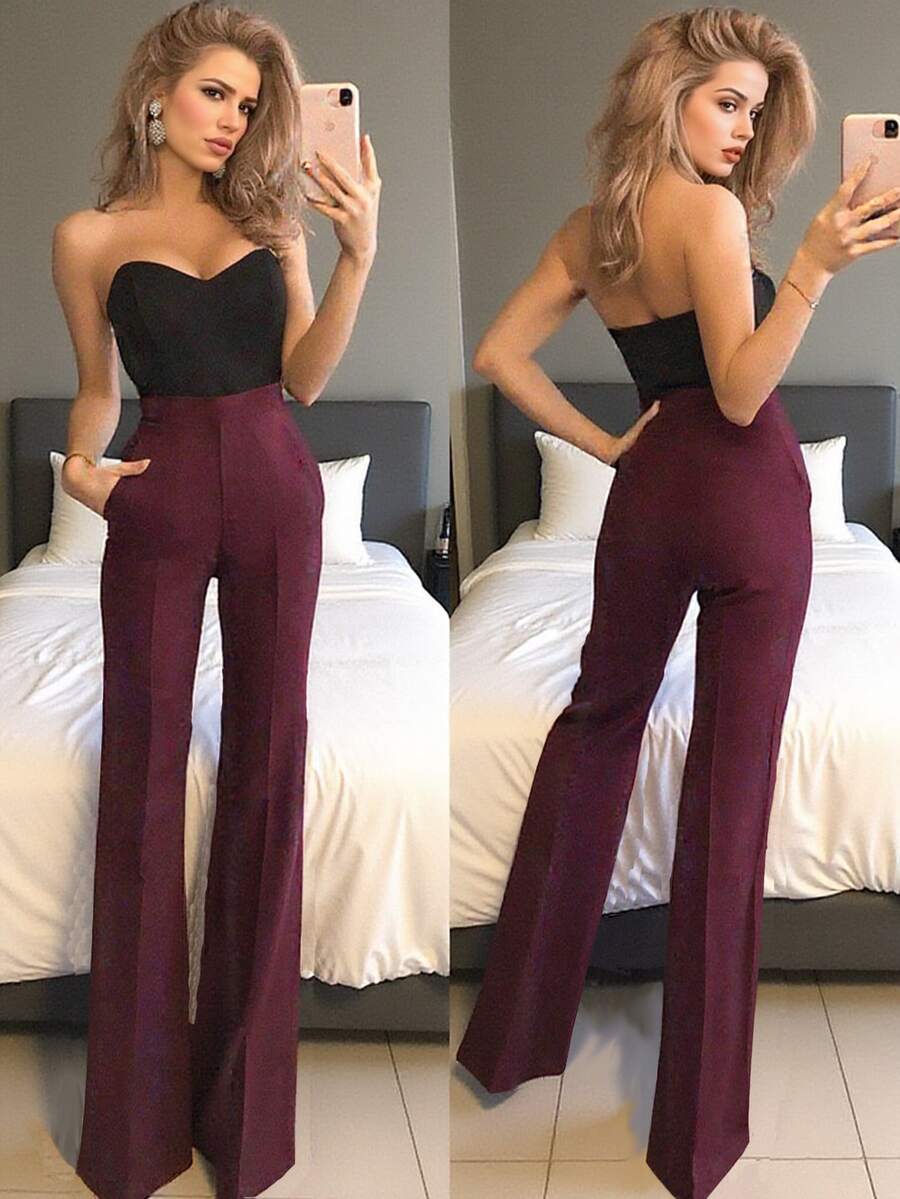 优雅高腰酒红色喇叭裤，通勤百搭 - 酒紅色 - 查看 1