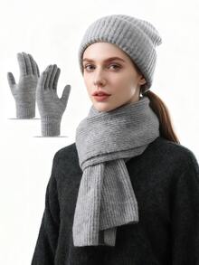 3pcs Big Head Wai Big Wool Hat Women Loose Warm Suit In Autumn And Winter Pile Cold Hat Knitted Ear Protection Hat Scarf Gloves, Suitable For Riding And Going Out To Wear. - 3pcs - View 19
