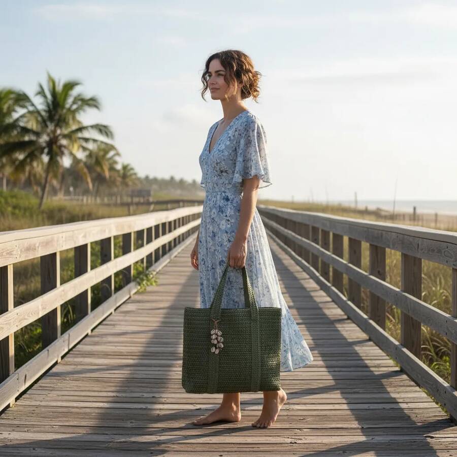 Women's Large Braided Straw Beach Bag With Shell Pendant - Chic, Casual, Elegant - 綠色 - 查看 1