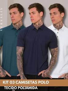 Kit Of 3 Premium Polyamide Polo Shirts For Men With Collar And Buttons, Breathable Fabric - Petrol Blue/Navy/White - View 1