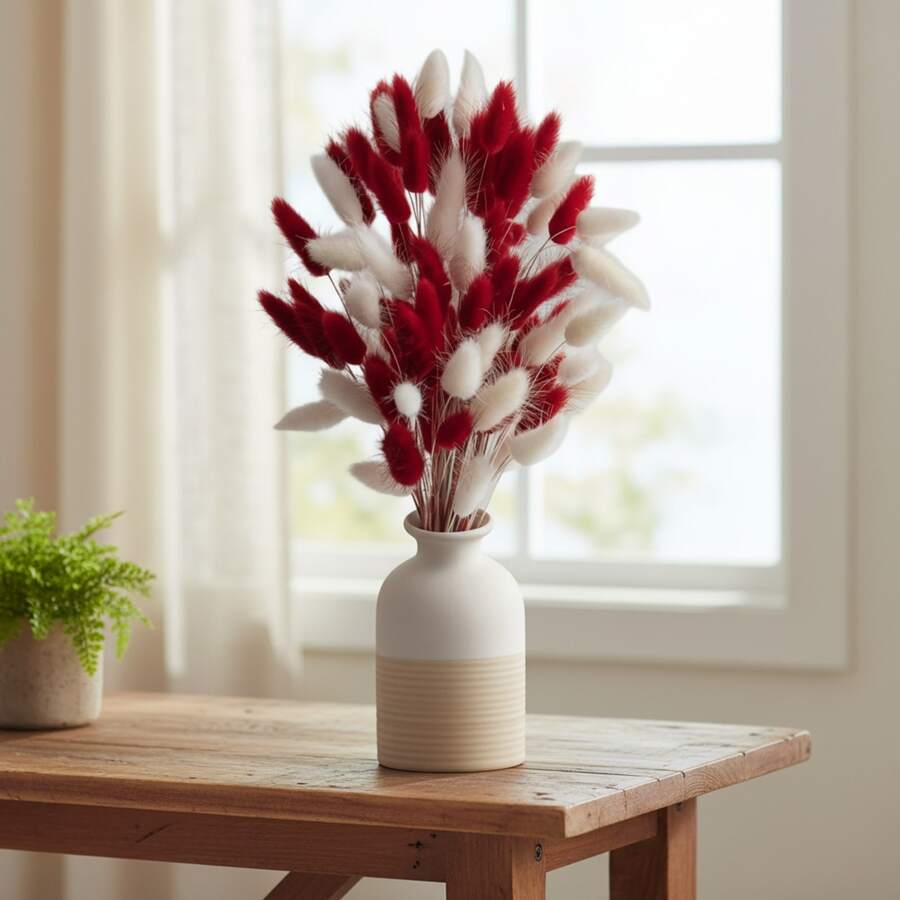 Bunny Tail Grass Dried Flower Bouquet 60 Pcs Natural Floral Arrangement for Home Wedding Decor - Rojo - Ver 1