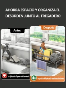 Soporte para esponja de fregadero - Cesta de drenaje automático, organizador de platos de acero inoxidable con estante de tela extraíble, dispensador de jabón y soporte para cepillo de baño - Multicolor - Ver 2